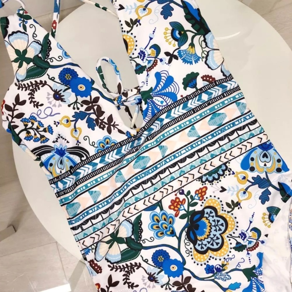 CLEARANCE Boho Hippie Retro Blue Floral One Piece Swimsuit - Picture 4 of 5